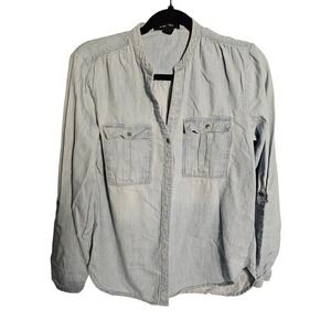 Nine West Denim Chambray Shirt Women Long Sleeve Collarless Button Up Small